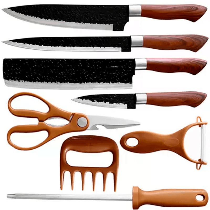 Kit de Facas para Churrasco e Cozinha com Garra e Amolador - 8 Peças em Aço Inoxidável