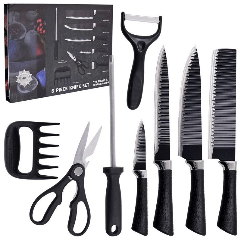 Kit de Facas para Churrasco e Cozinha com Garra e Amolador - 8 Peças em Aço Inoxidável