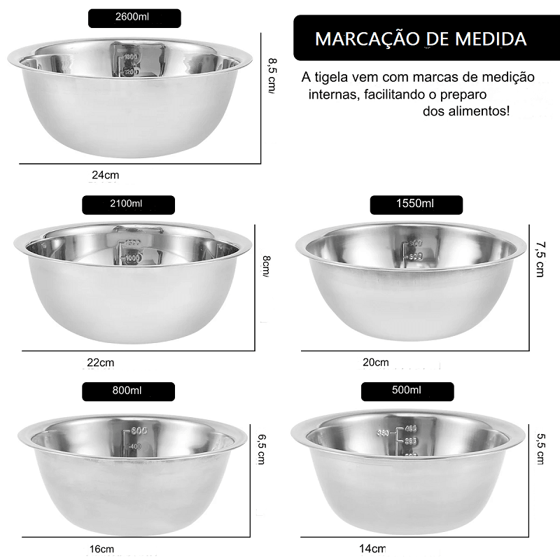 Conjunto de Tigela de Aço Inoxidável - Mega Lar Brasil