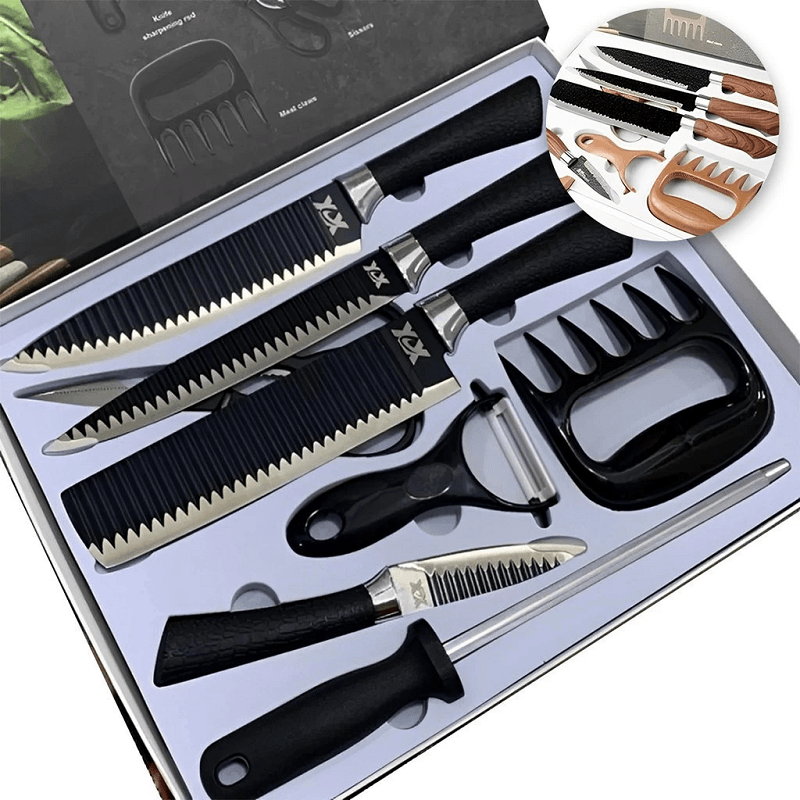 Kit de Facas para Churrasco e Cozinha com Garra e Amolador - 8 Peças em Aço Inoxidável