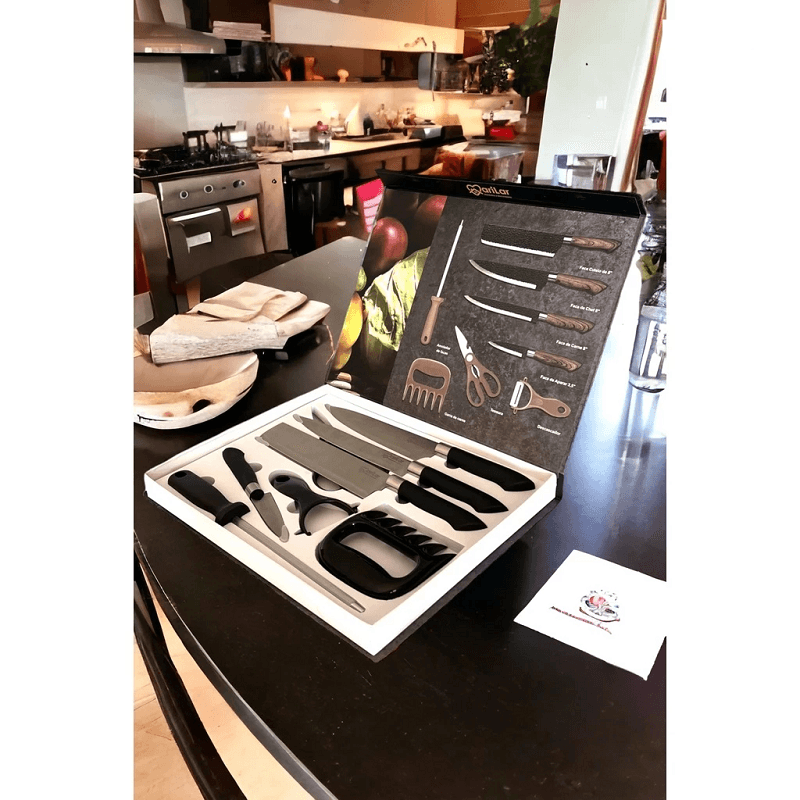 Kit de Facas para Churrasco e Cozinha com Garra e Amolador - 8 Peças em Aço Inoxidável