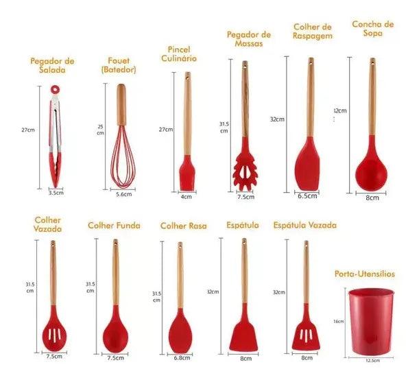 Kit Jogo Utensílios Colheres Silicone Madeira 12 Peças - Mega Lar Brasil