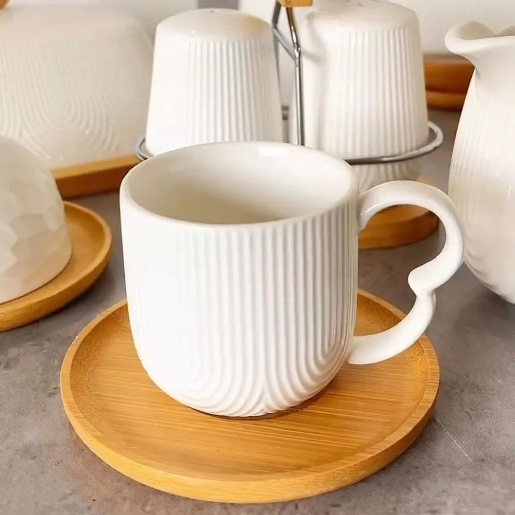 Conjunto 4 Xícaras para Café com Pires de Bambu Cerâmica 90ml
