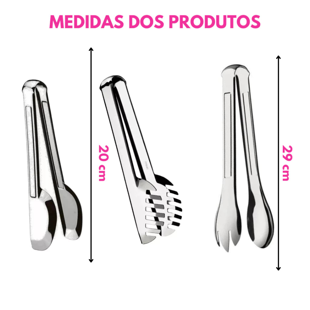 Conjunto Pegadores Aço Inox 3 Peças - Para Massa, Salada e Mais