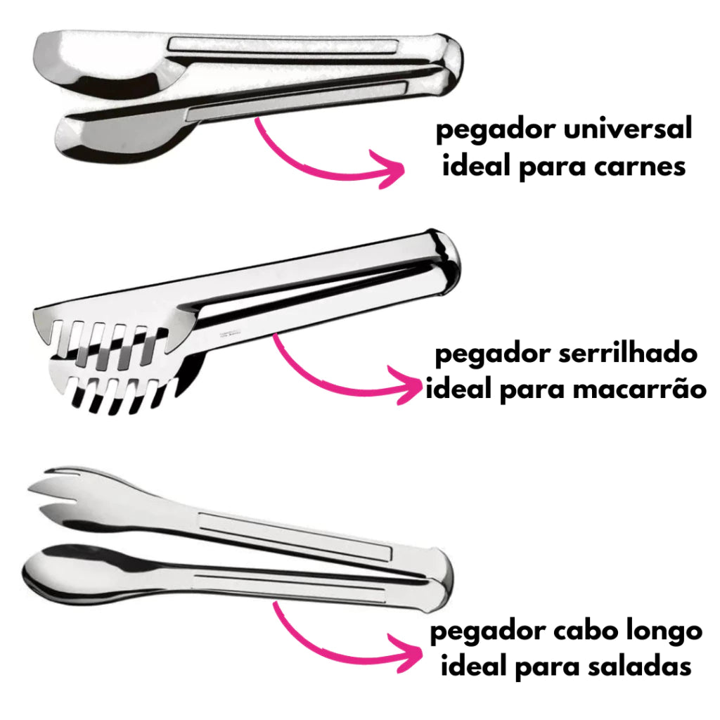 Conjunto Pegadores Aço Inox 3 Peças - Para Massa, Salada e Mais