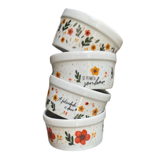 Conjunto 4 Potes Porcelana Floral Decoração 210ml