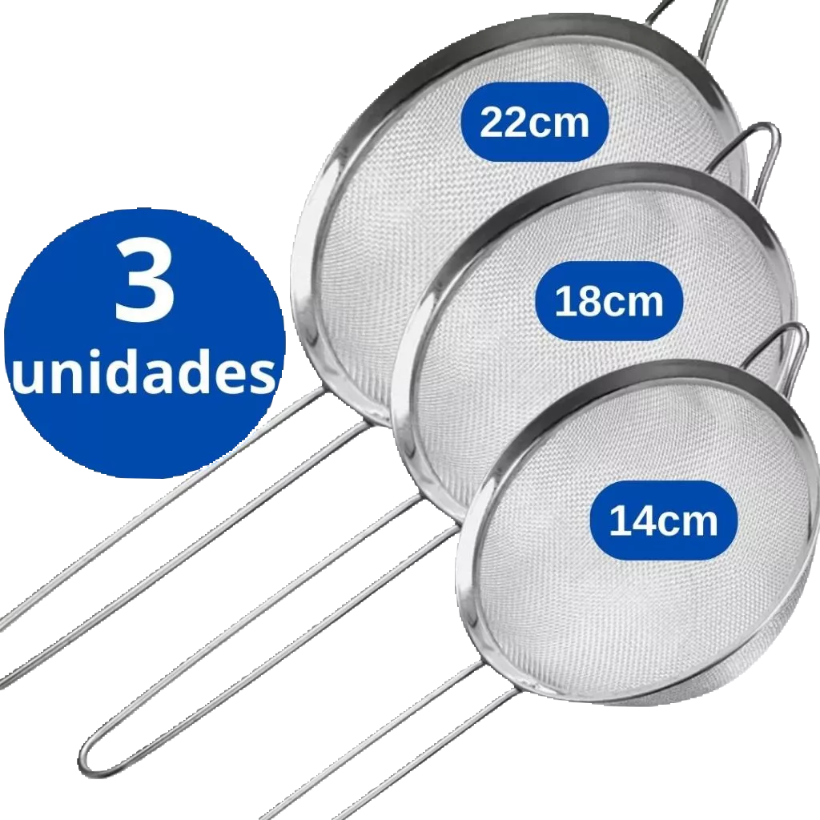 Conjunto de 3 Peneiras Inox para Cozinha - 22cm, 18cm e 14cm