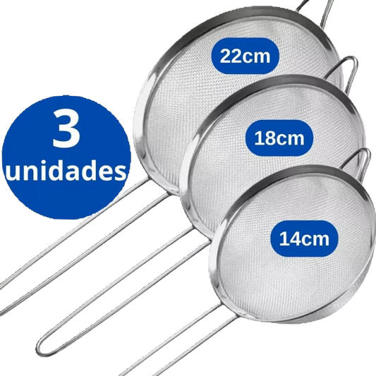 Conjunto de 3 Peneiras Inox para Cozinha - 22cm, 18cm e 14cm