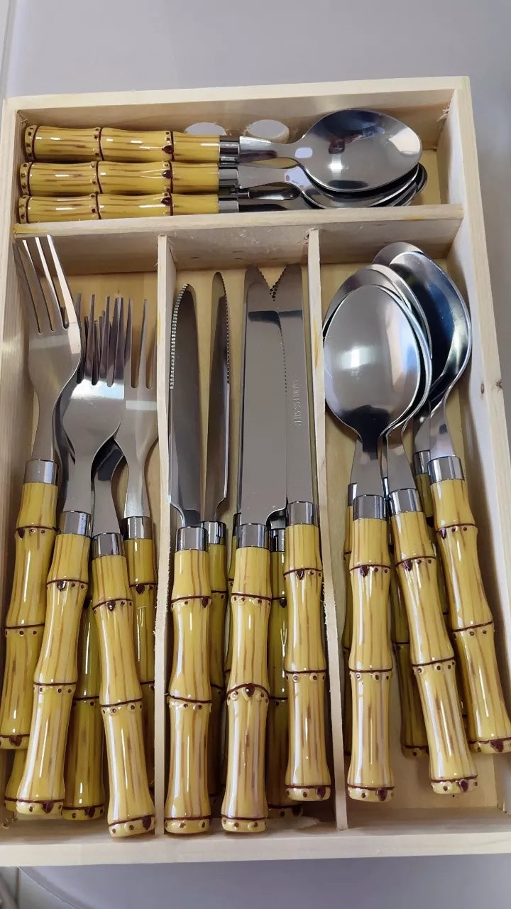 Faqueiro 24 Peças de Inox com Cabo de Bamboo para Uso Diário