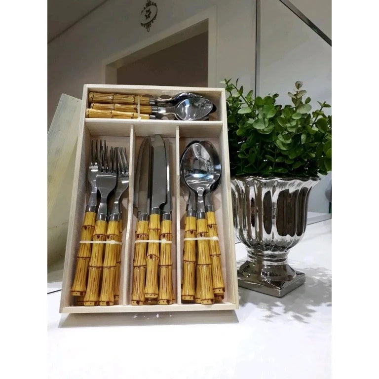 Faqueiro 24 Peças de Inox com Cabo de Bamboo para Uso Diário