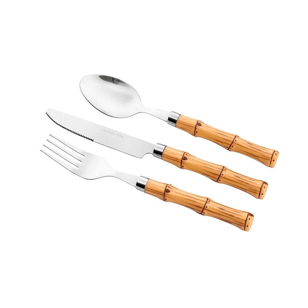 Faqueiro 24 Peças de Inox com Cabo de Bamboo para Uso Diário