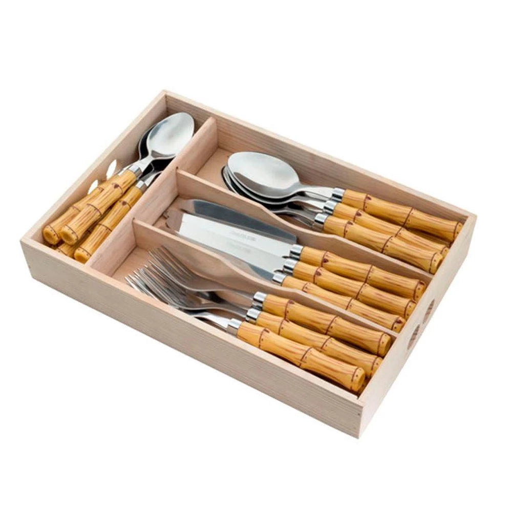 Faqueiro 24 Peças de Inox com Cabo de Bamboo para Uso Diário