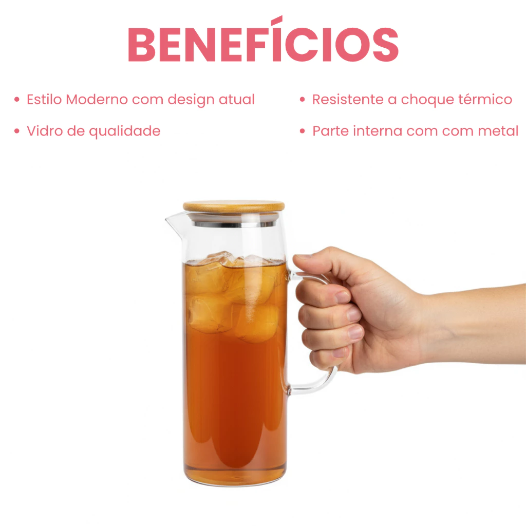 Jarras de Vidro Borossilicato 1L com Tampa de Bambu