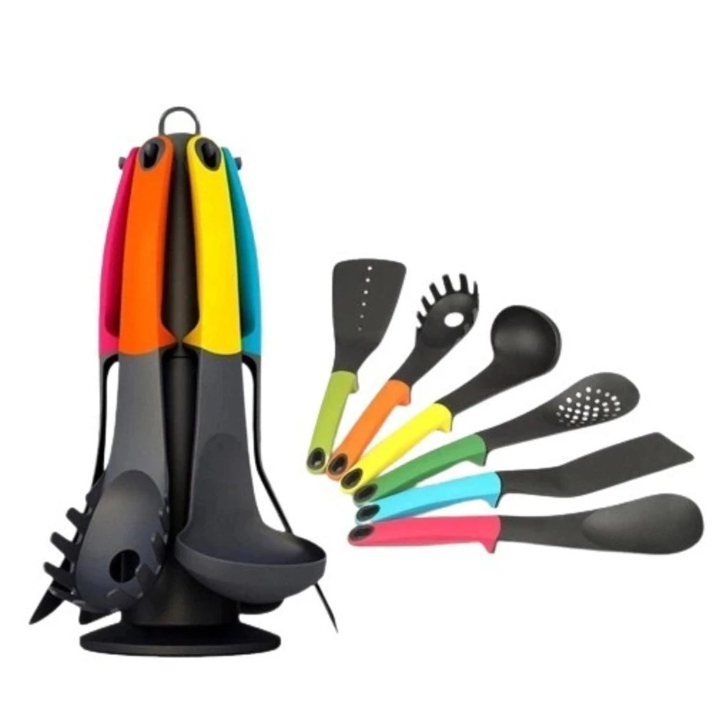 Kit 7 Utensílios de Silicone Coloridos para Cozinha com Suporte Giratório