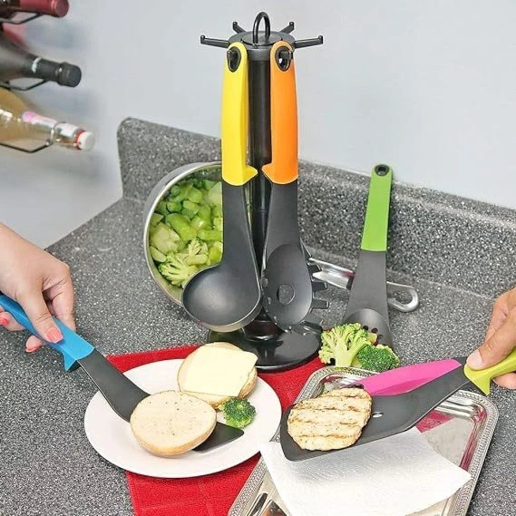 Kit 7 Utensílios de Silicone Coloridos para Cozinha com Suporte Giratório