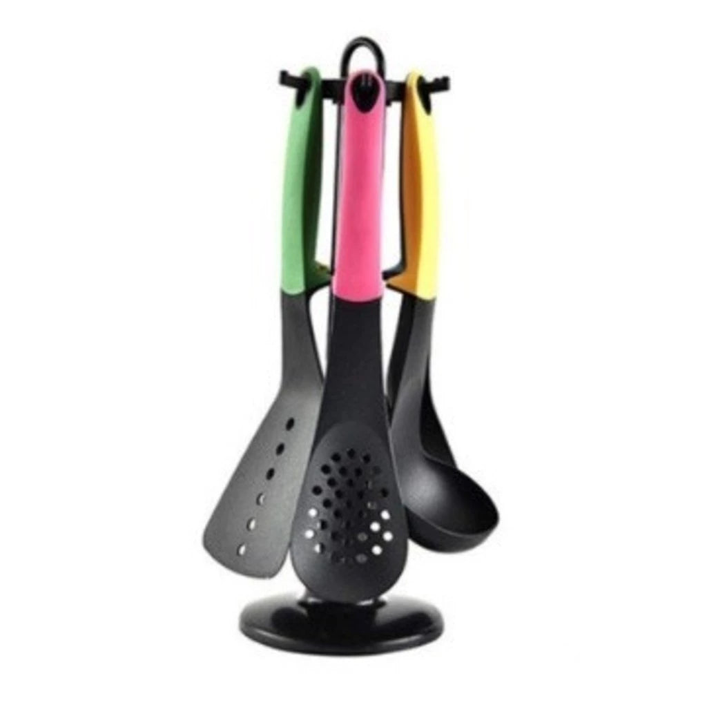 Kit 7 Utensílios de Silicone Coloridos para Cozinha com Suporte Giratório
