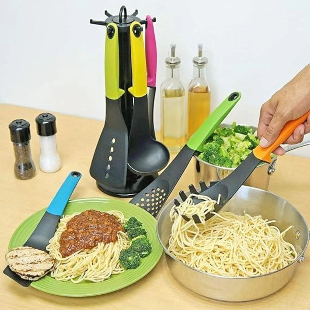 Kit 7 Utensílios de Silicone Coloridos para Cozinha com Suporte Giratório