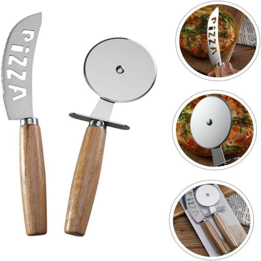 Kit Cortador de Pizza Inox com Cabo de Madeira - 2 Peças