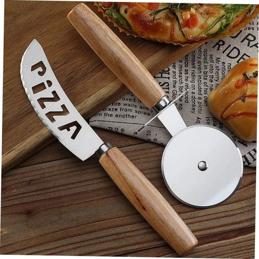 Kit Cortador de Pizza Inox com Cabo de Madeira - 2 Peças