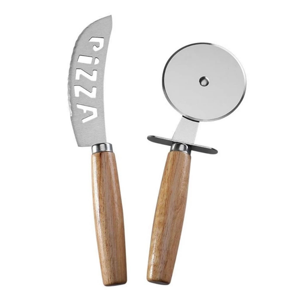 Kit Cortador de Pizza Inox com Cabo de Madeira - 2 Peças