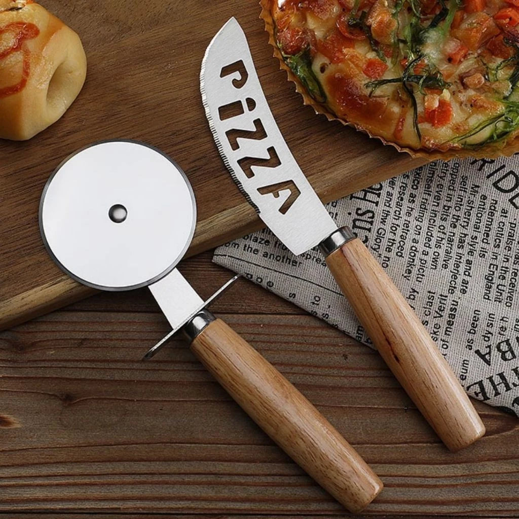 Kit Cortador de Pizza Inox com Cabo de Madeira - 2 Peças