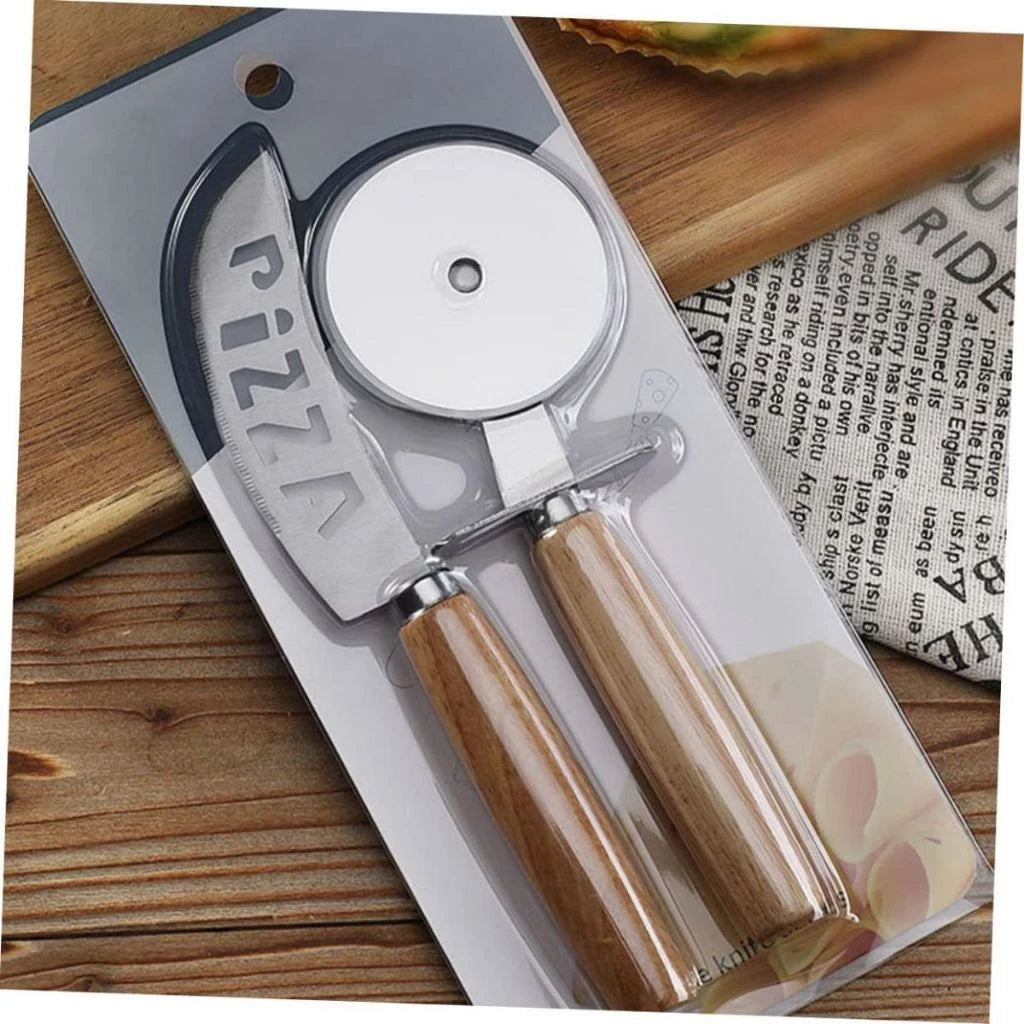 Kit Cortador de Pizza Inox com Cabo de Madeira - 2 Peças
