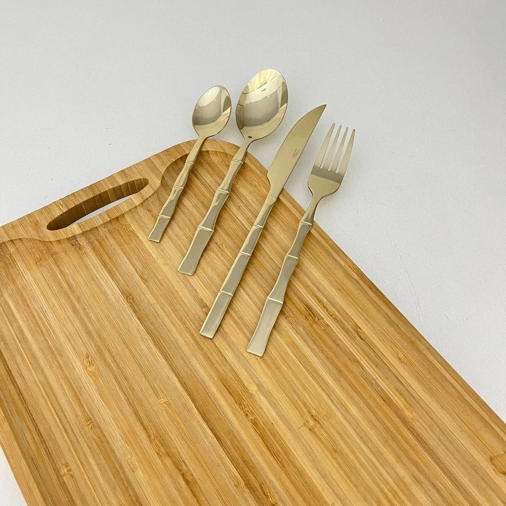 Kit Faqueiro Inox 16 Peças Lyor com Cabo Bamboo para Mesa Elegante
