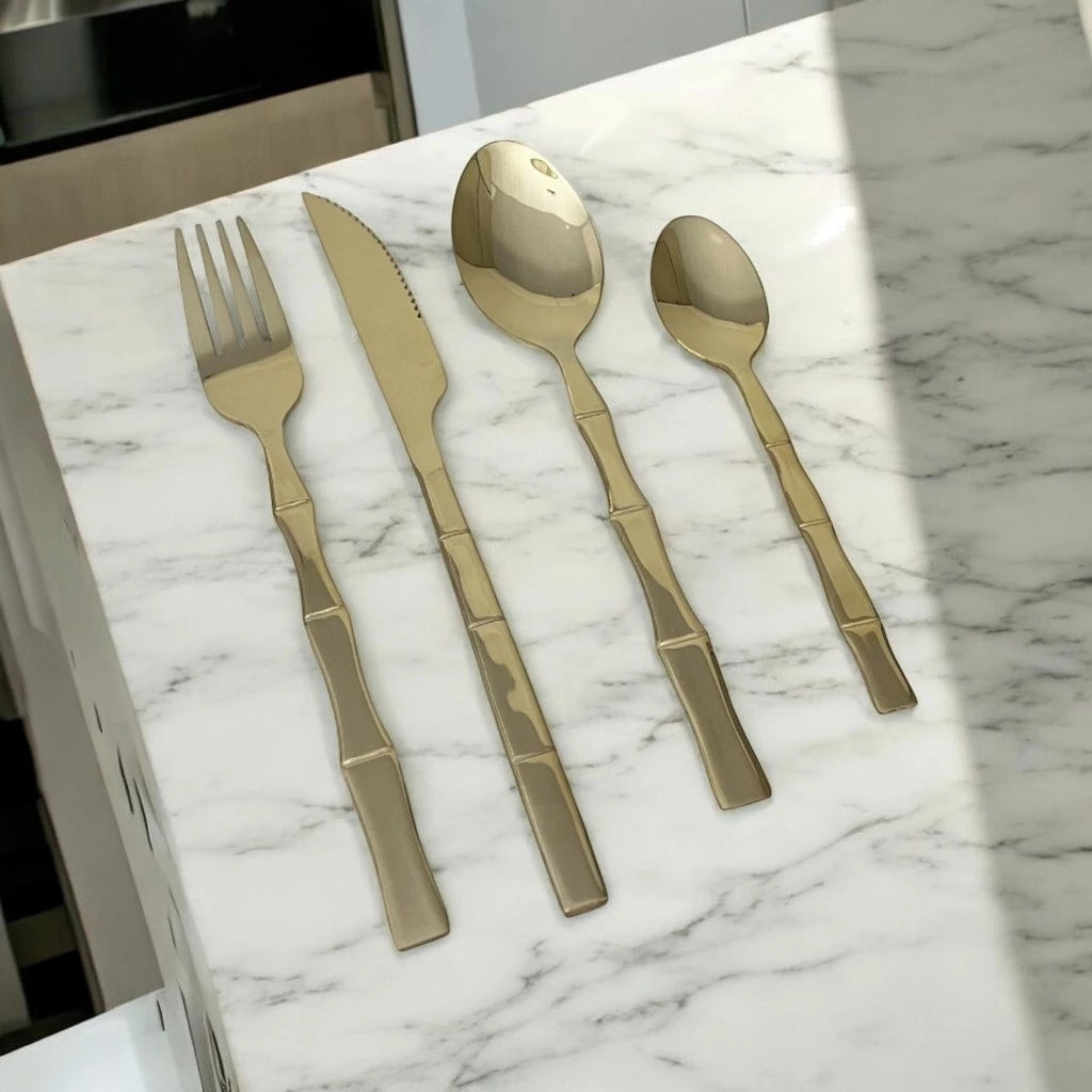 Kit Faqueiro Inox 16 Peças Lyor com Cabo Bamboo para Mesa Elegante