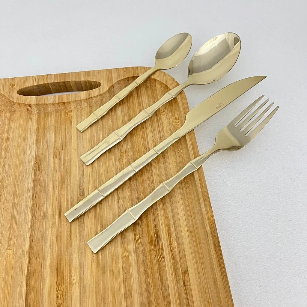 Kit Faqueiro Inox 16 Peças Lyor com Cabo Bamboo para Mesa Elegante