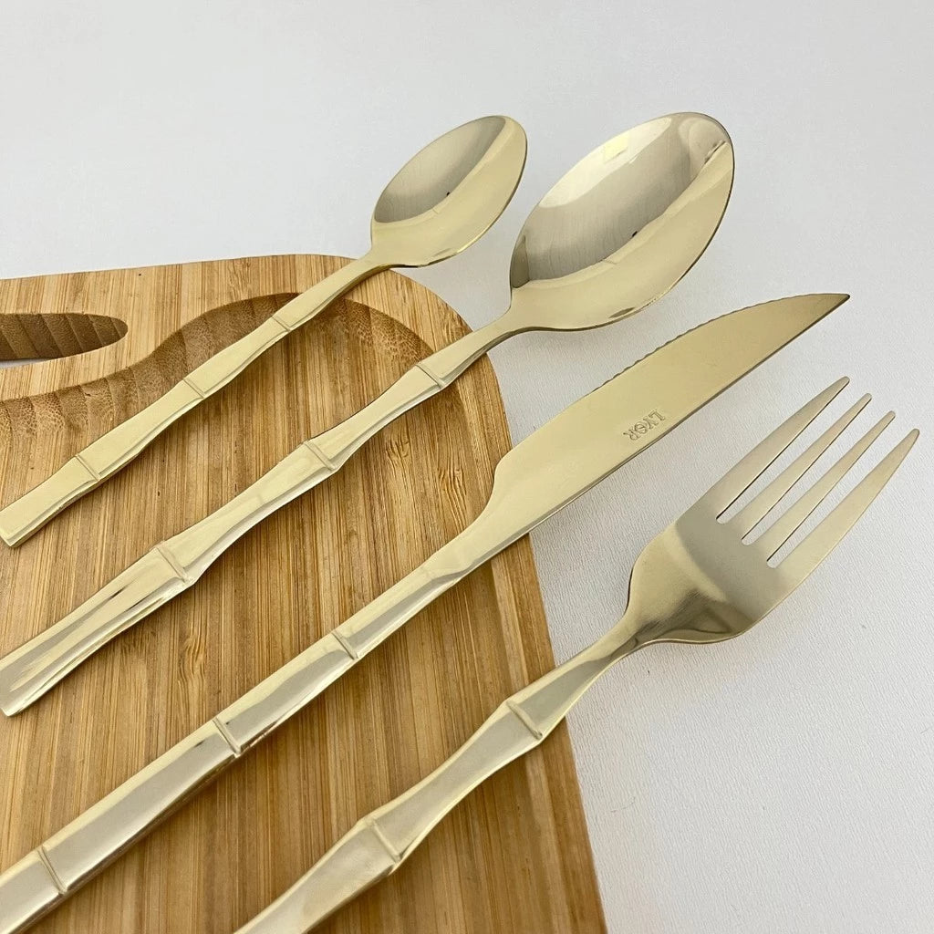 Kit Faqueiro Inox 16 Peças Lyor com Cabo Bamboo para Mesa Elegante