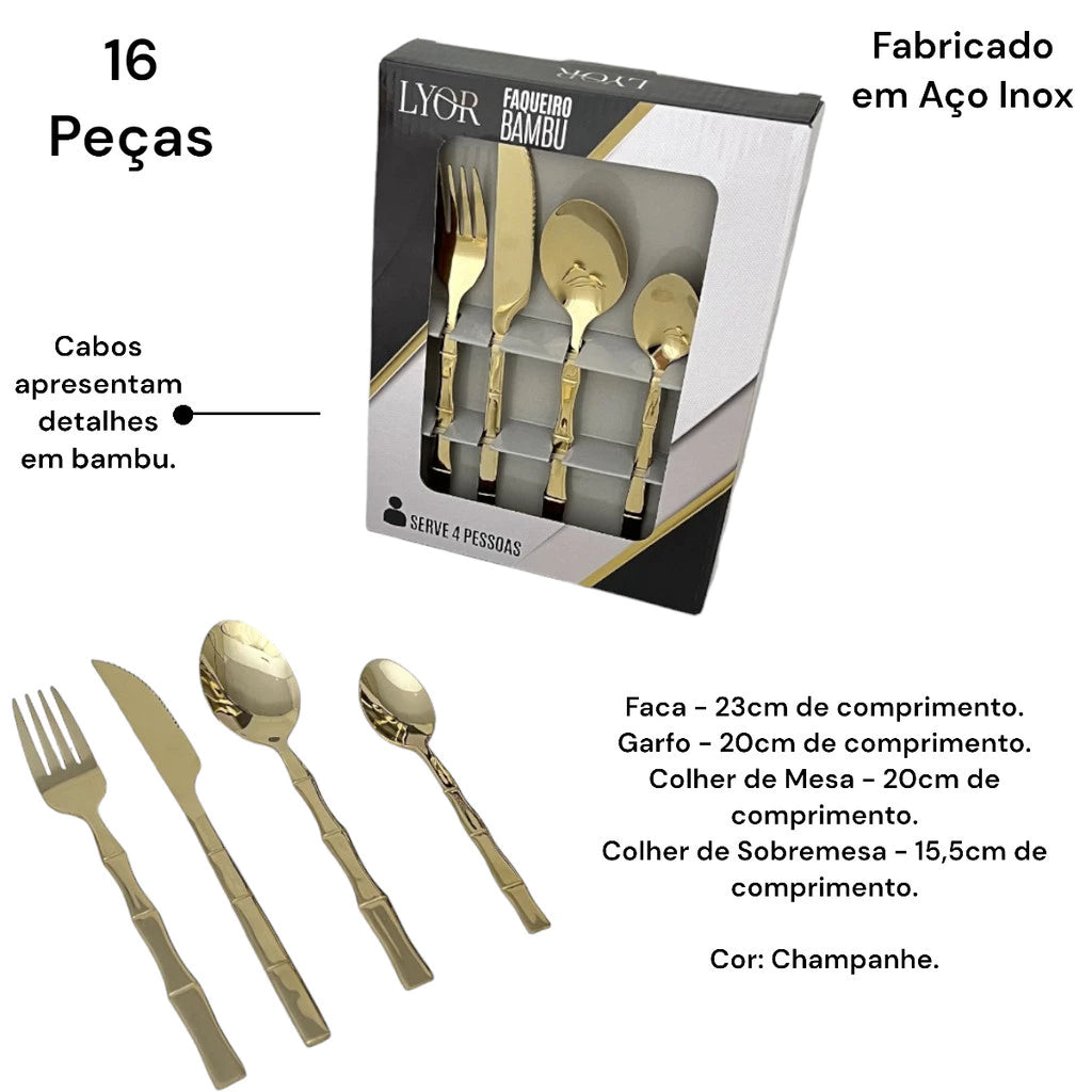 Kit Faqueiro Inox 16 Peças Lyor com Cabo Bamboo para Mesa Elegante