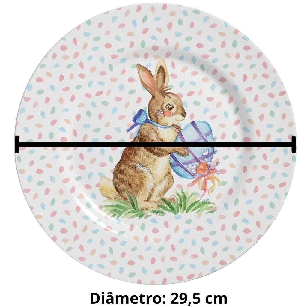 Kit Mesa Decorada Coelho Cerâmica Alleanza - 4 Pratos Rasos