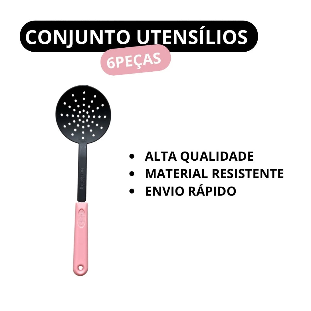 Kit Utensílios de Cozinha 6 Peças Nylon Rosa e Verde - Resistente e Funcional
