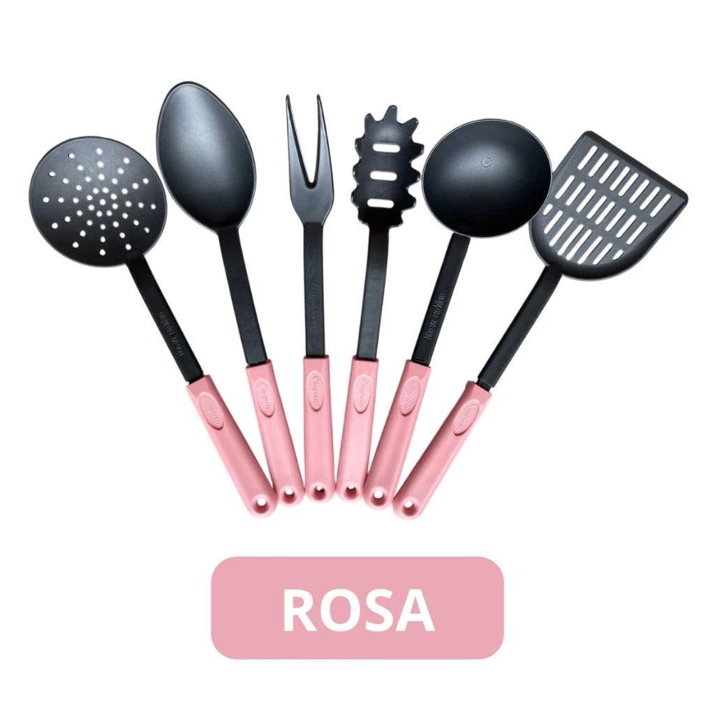 Kit Utensílios de Cozinha 6 Peças Nylon Rosa e Verde - Resistente e Funcional