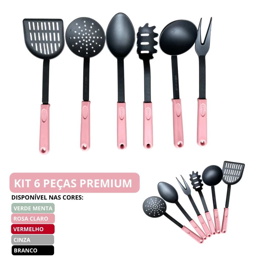 Kit Utensílios de Cozinha 6 Peças Nylon Rosa e Verde - Resistente e Funcional