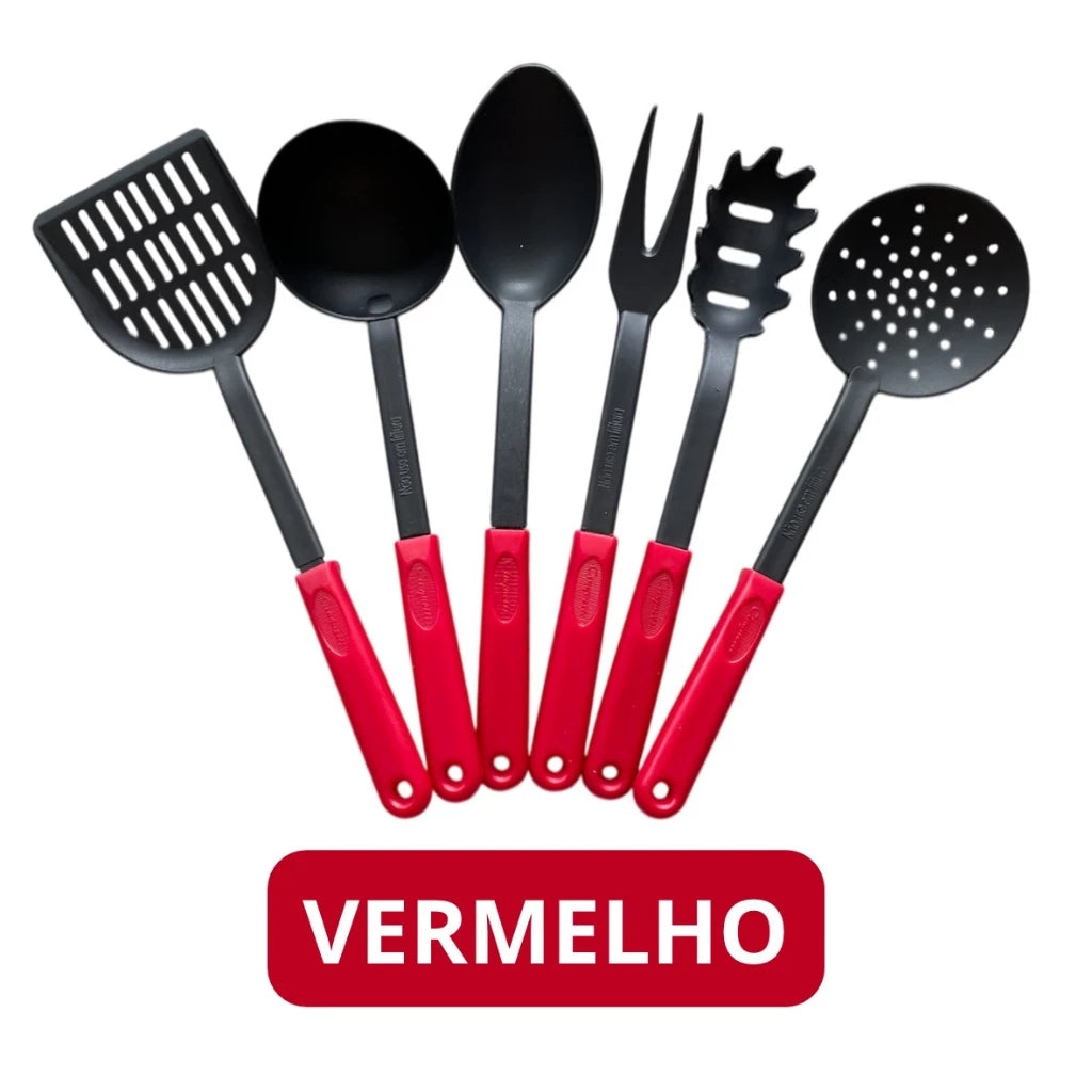 Kit Utensílios de Cozinha 6 Peças Nylon Rosa e Verde - Resistente e Funcional