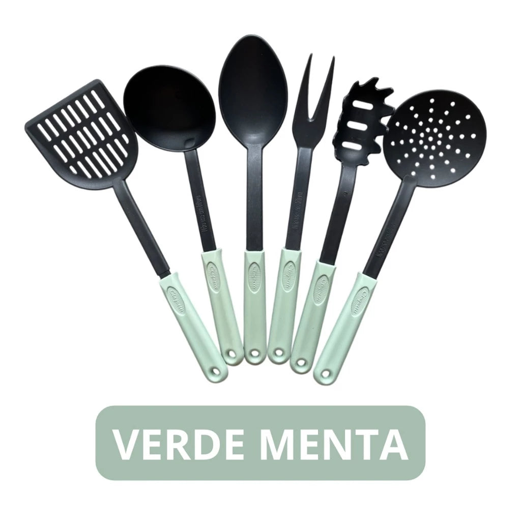 Kit Utensílios de Cozinha 6 Peças Nylon Rosa e Verde - Resistente e Funcional