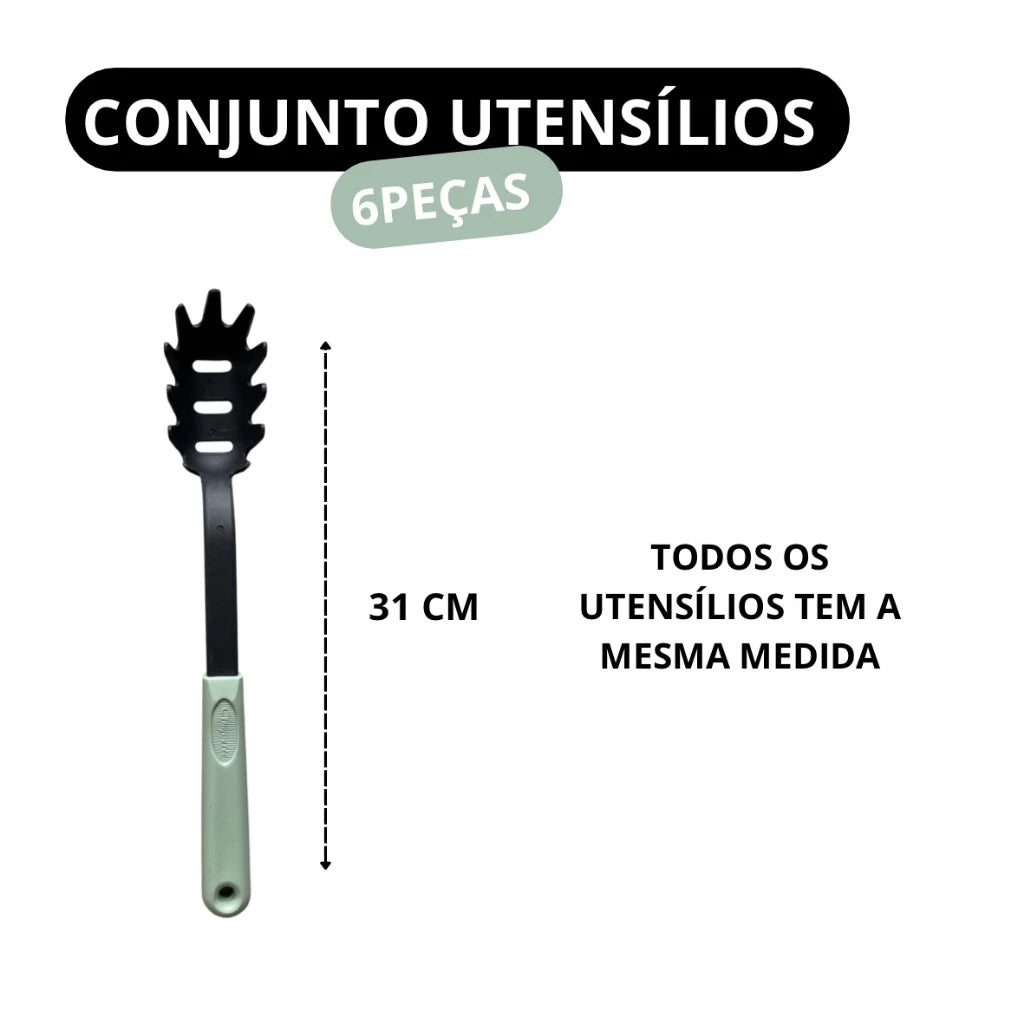 Kit Utensílios de Cozinha 6 Peças Nylon Rosa e Verde - Resistente e Funcional