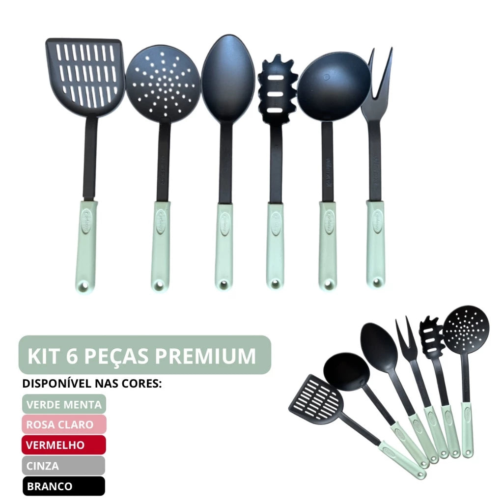 Kit Utensílios de Cozinha 6 Peças Nylon Rosa e Verde - Resistente e Funcional