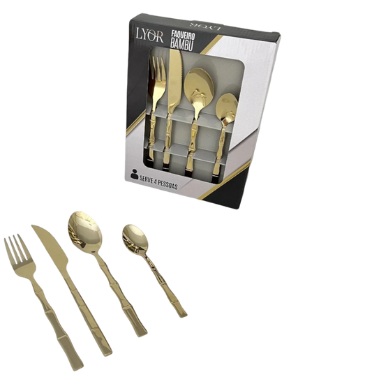 Kit Faqueiro Inox 16 Peças Lyor com Cabo Bamboo para Mesa Elegante