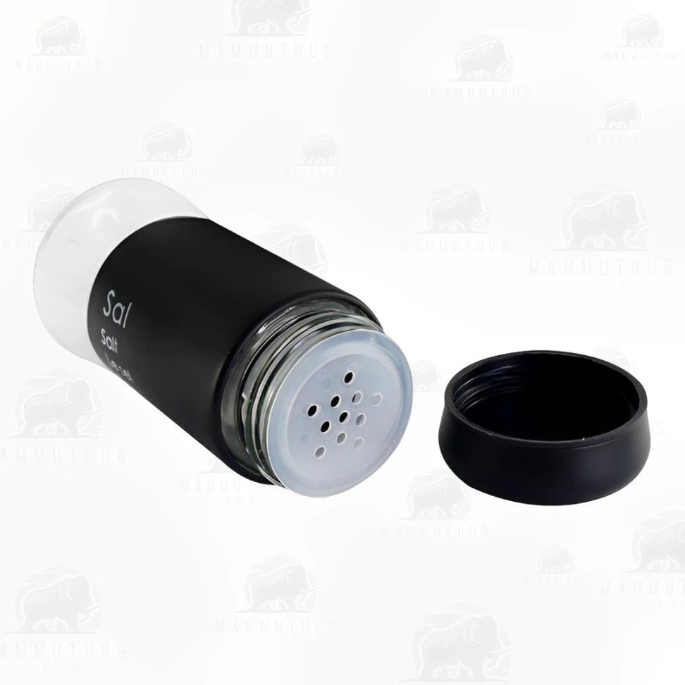 Kit Saleiro e Pimenteiro de Inox Preto com Fundo de Vidro