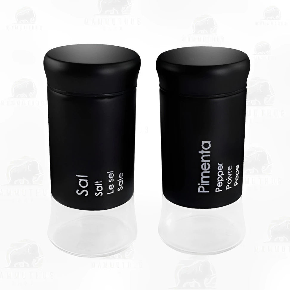 Kit Saleiro e Pimenteiro de Inox Preto com Fundo de Vidro