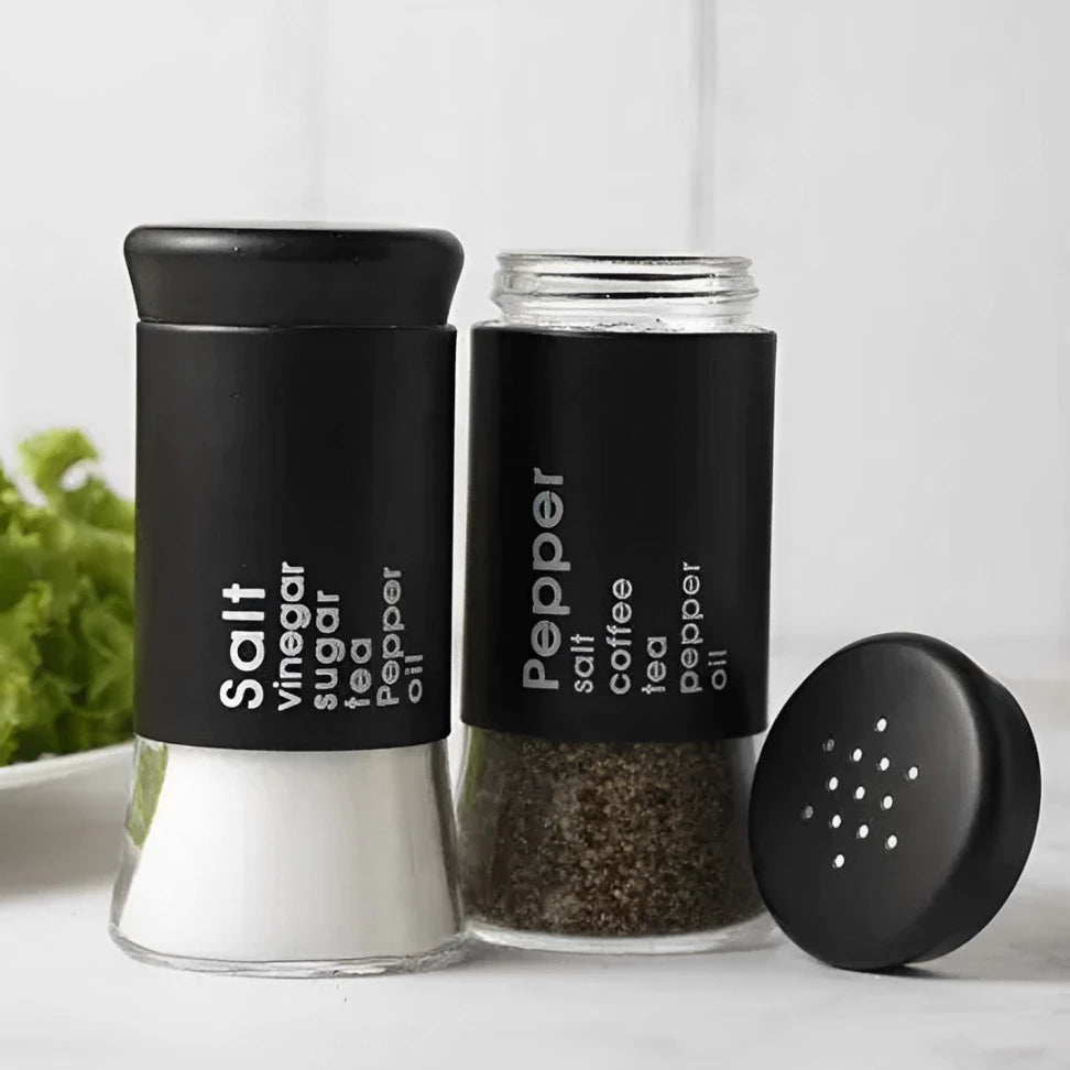 Kit Saleiro e Pimenteiro de Inox Preto com Fundo de Vidro