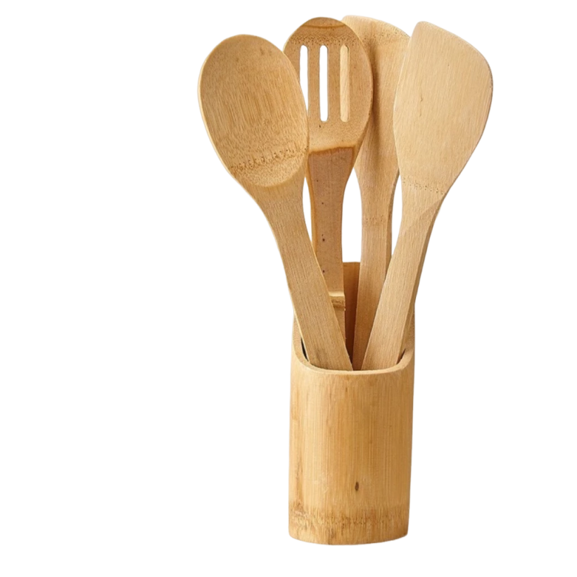 Kit de Colheres de Bambu para Cozinha com Suporte - 5 Peças