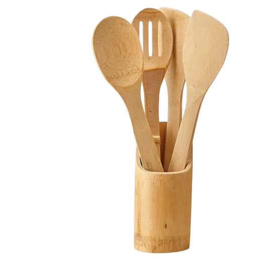 Kit de Colheres de Bambu para Cozinha com Suporte - 5 Peças