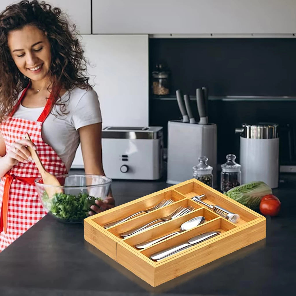 Organizador Extensível de Talheres em Madeira com 5 Divisórias