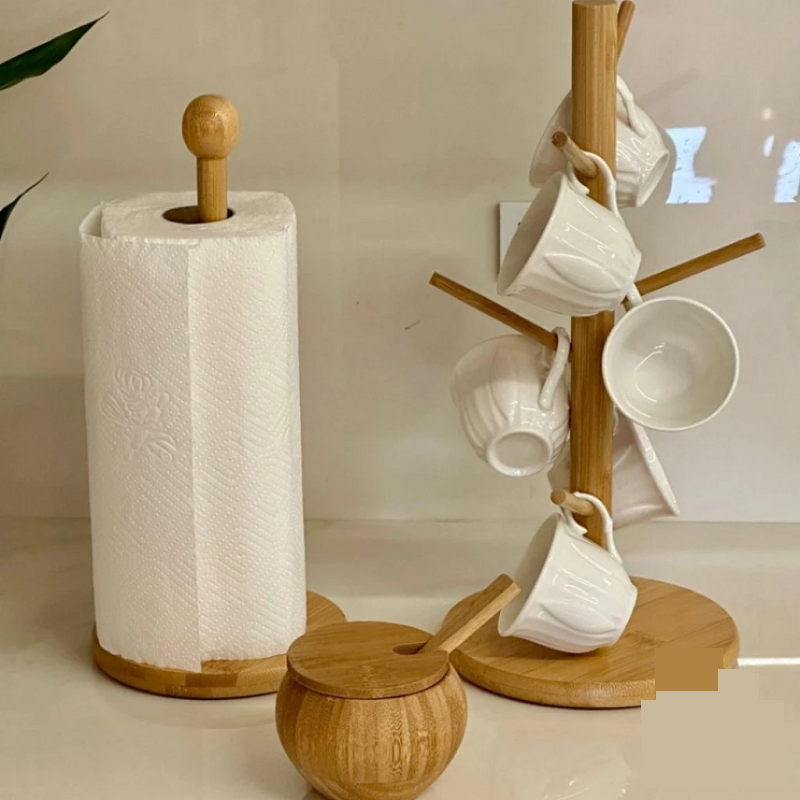 Suporte de Bambu 30cm para Papel Toalha e Xícara