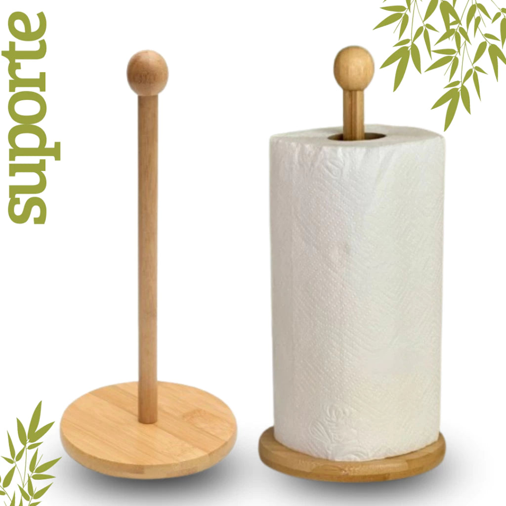 Suporte de Bambu 30cm para Papel Toalha e Xícara