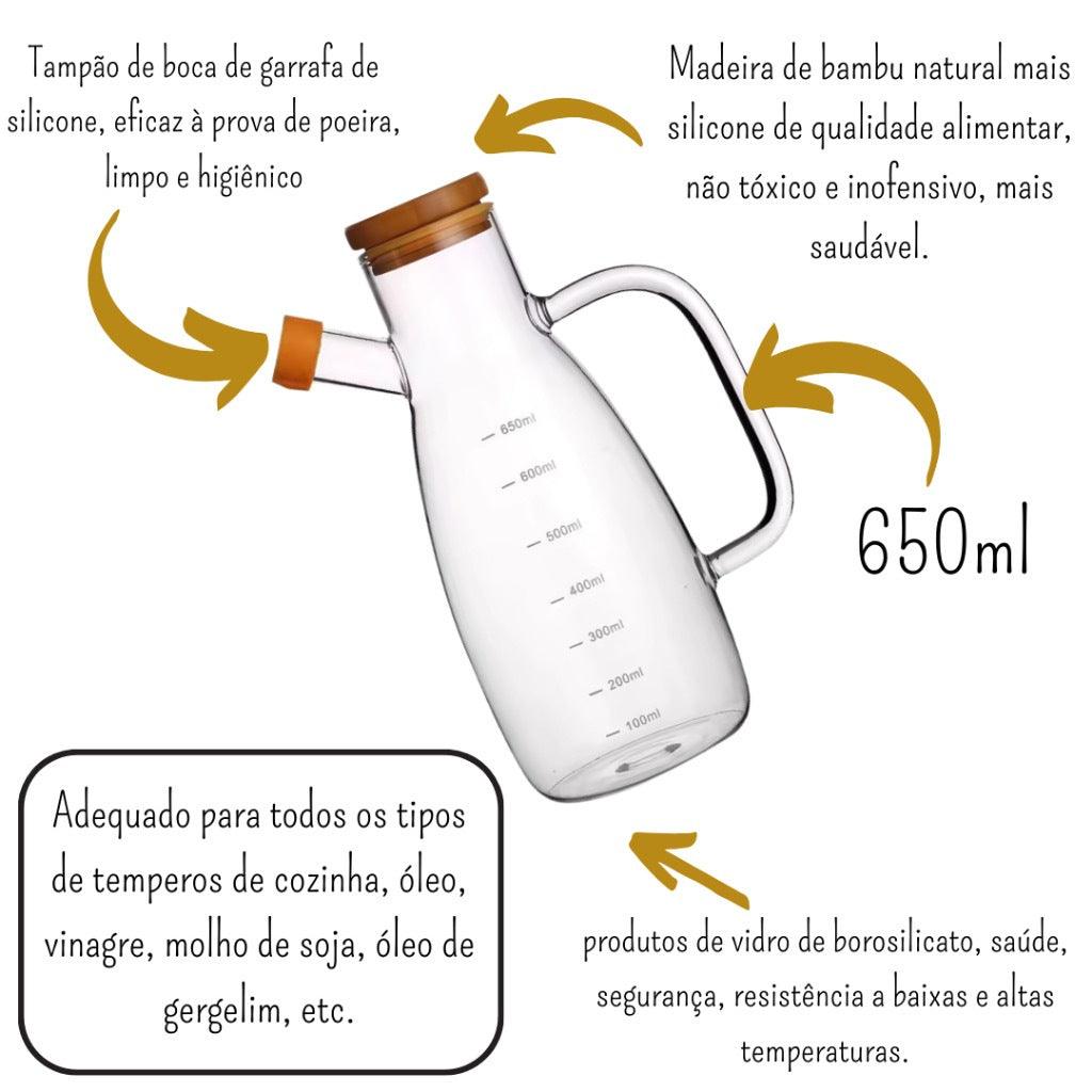 Galheteiro de vidro com tampa de bambu 650ml para azeite e vinagre