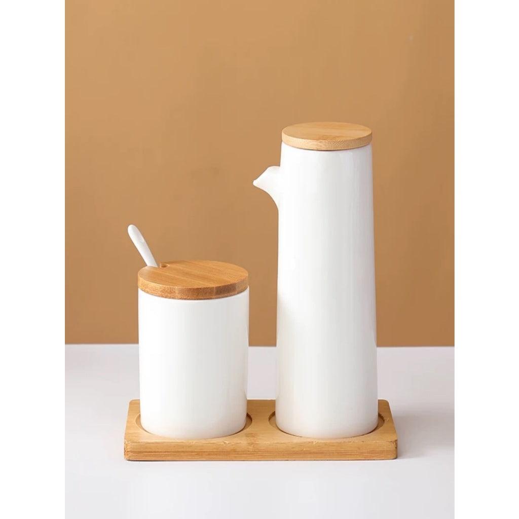Kit Porta Mantimentos em Cerâmica com Bandeja e Colher de Bambu para Armazenamento